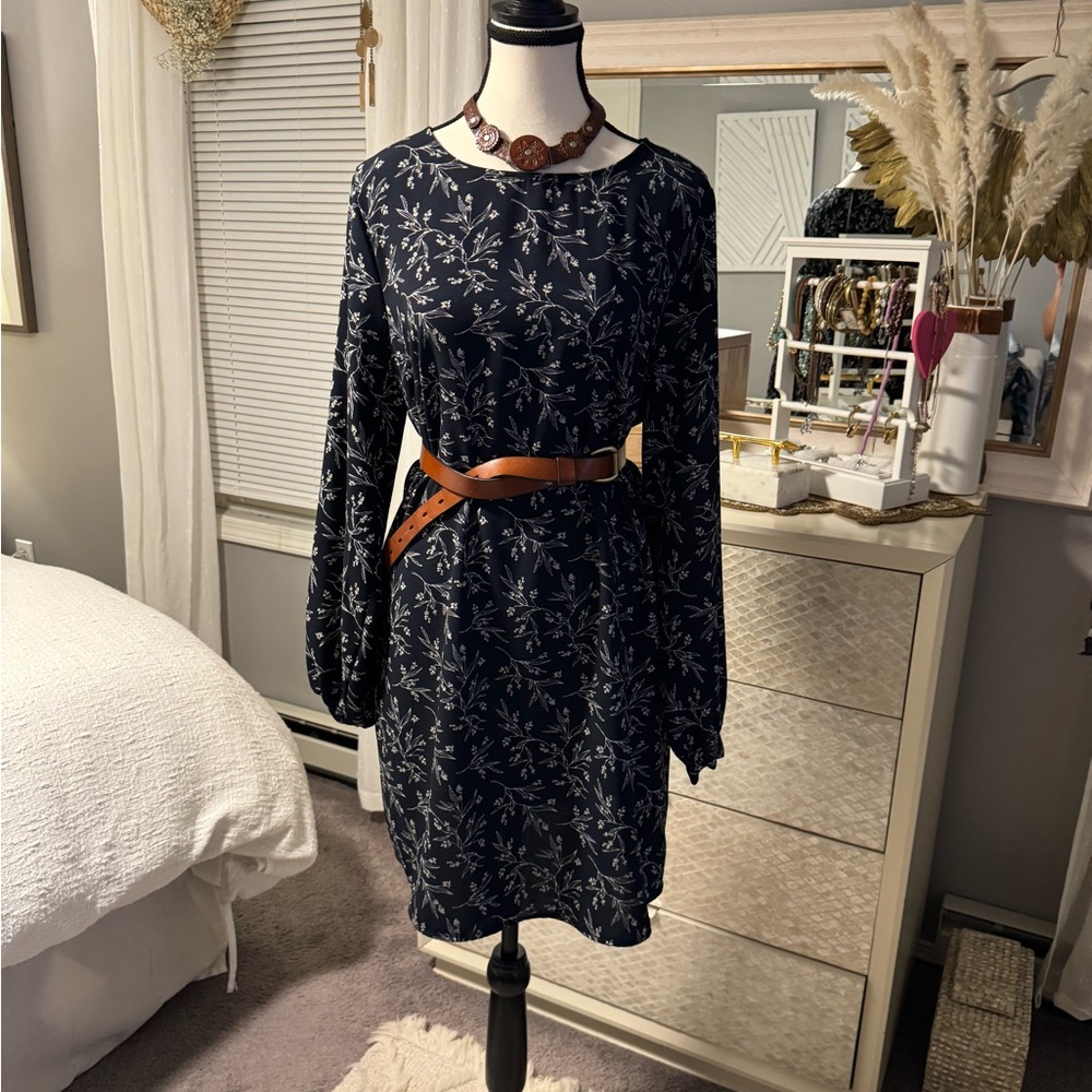 H&M Blue Casual Sheath Dress with Long Bishop Sleeves